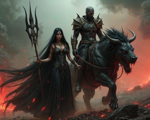 Warrior on Black Beast in Fiery Landscape Scene