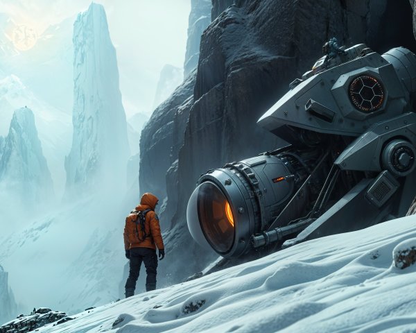 Lone Figure in Snowy Landscape with Futuristic Spacecraft
