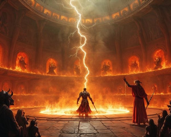 Warrior in Underground Arena with Shadowy Observers