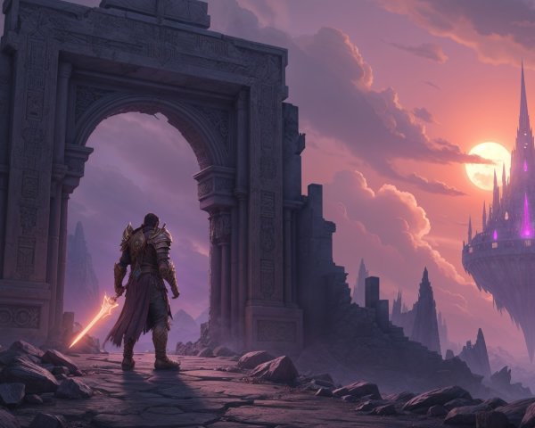Lone Warrior at Ancient Archway with Floating Fortress