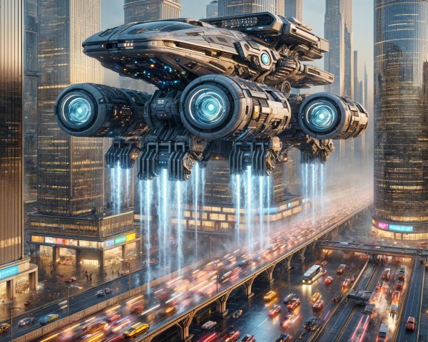 Futuristic Cityscape with Skyscrapers and Spacecraft