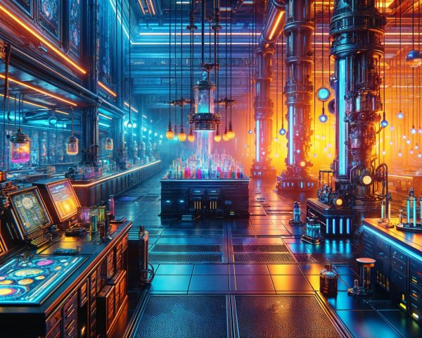 Futuristic Laboratory with Neon Lights and High-Tech Workstations