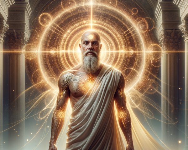 Confident Figure in Ancient Setting with Mystical Tattoos