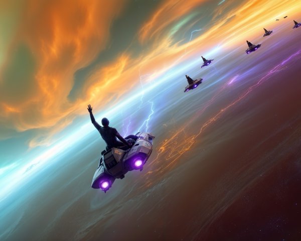 Futuristic spacecraft in vibrant cosmic landscape