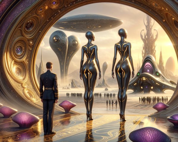 Futuristic Landscape with Robots and Alien Architecture