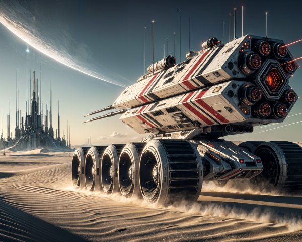 Futuristic Rover in Desert with Sci-Fi Cityscape