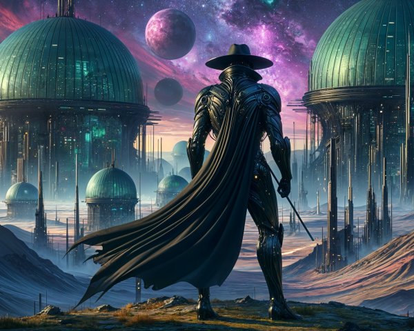 Futuristic Figure Overlooking Surreal Landscape