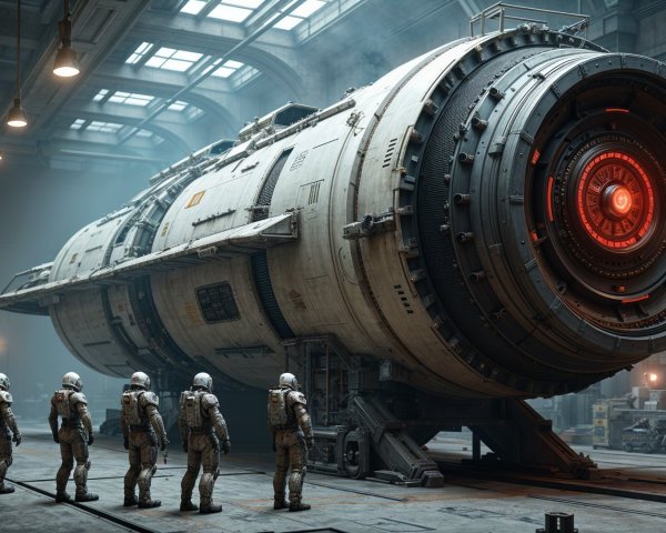 Futuristic spacecraft and astronauts in industrial hangar
