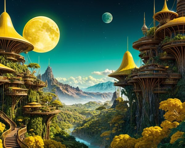 Futuristic landscape with golden structures and emerald trees