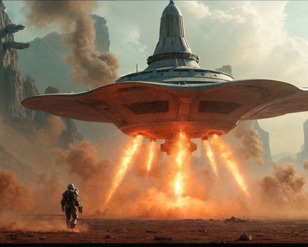 Futuristic Alien Landscape with Hovering Spaceship