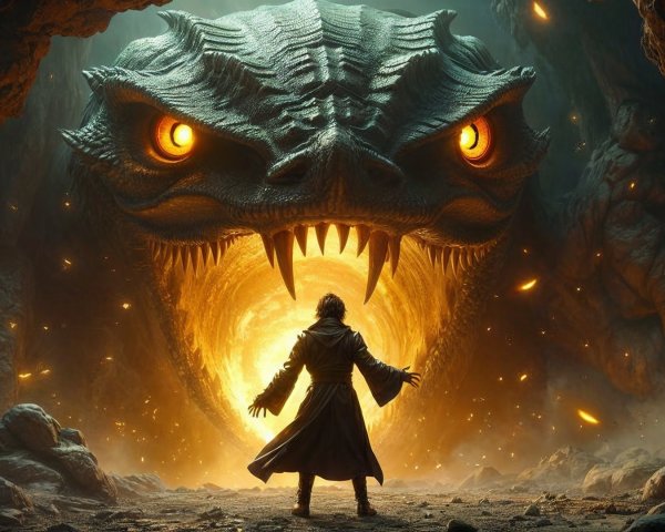 Cloaked Figure Faces Menacing Dragon in Dark Cave