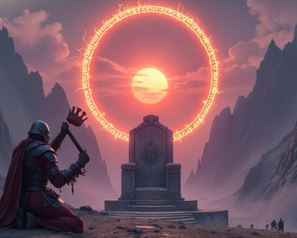 Lone Warrior at Ancient Throne in Mystical Landscape