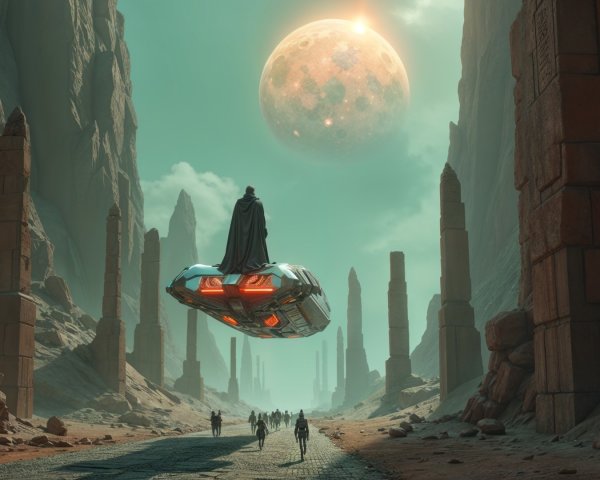 Surreal Landscape with Monoliths and Cloaked Figure
