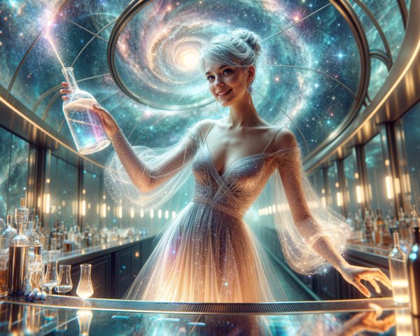 Futuristic Bar Scene with Cosmic Backdrop and Potions
