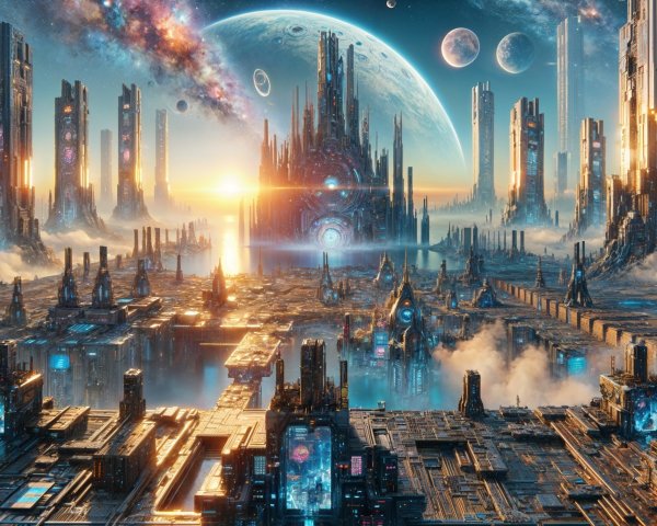 Futuristic cityscape on an alien planet at sunset