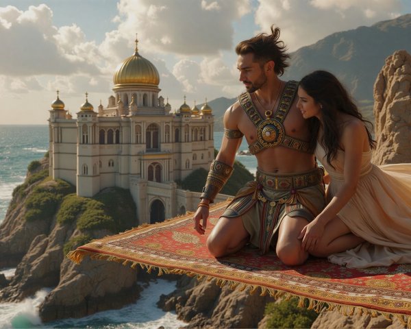 A man and woman on a magic carpet near a cliffside palace