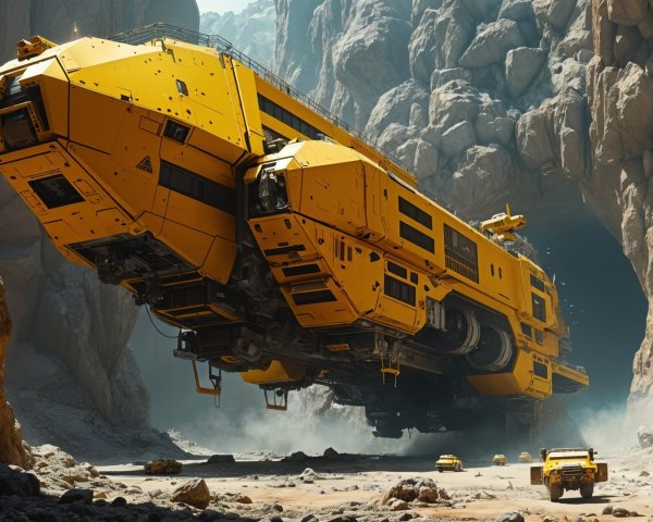 Yellow Spacecraft Over Rocky Canyon Terrain