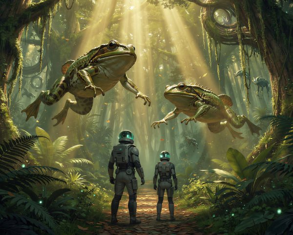 Astronauts in Silver Suits Walking in Alien Jungle
