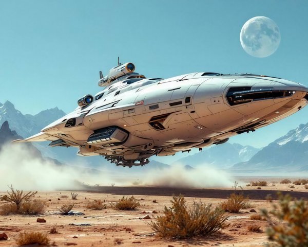 Futuristic Space Cruiser Over Desert Landscape 3D Render