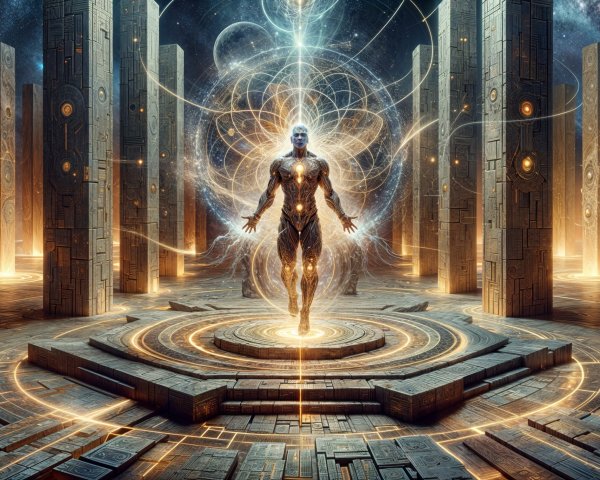 Alien on Circular Platform in Futuristic Temple