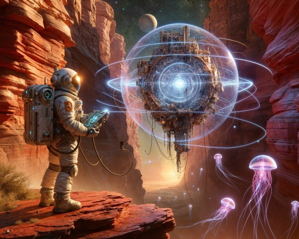 Astronaut in Spacesuit with Alien Landscape and Structure