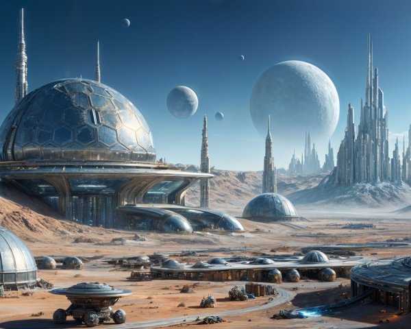Futuristic Alien City with Dome Structures and Moons