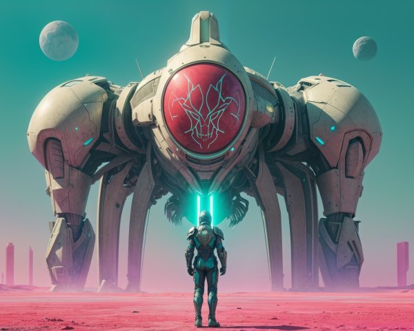 Futuristic landscape with robot and surreal terrain