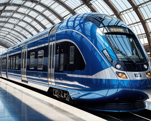 Modern Blue Train at Bright Glass Ceiling Station