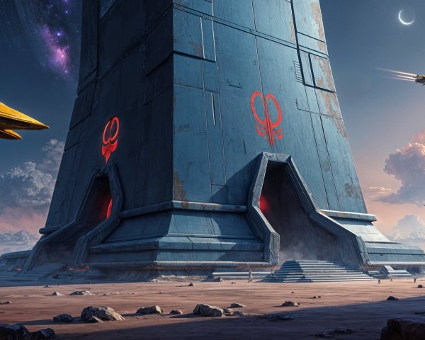 Futuristic Tower with Blue Surface and Red Symbols