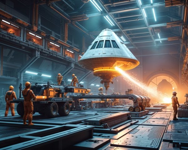 Astronauts in Orange Suits Work on Cone-Shaped Spacecraft