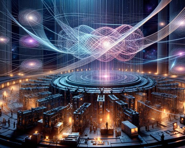 Ornate futuristic quantum computing chamber with cosmic view