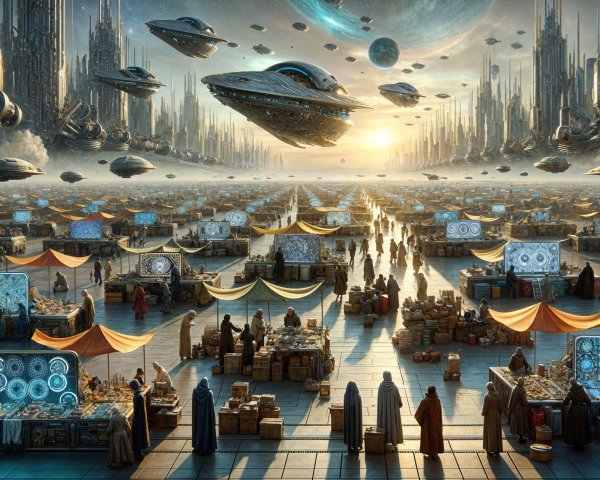 Futuristic marketplace with advanced cityscapes and vendors
