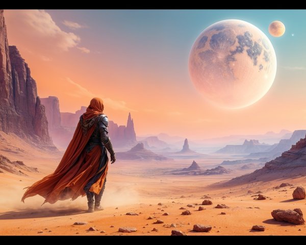 Lone Figure in Red Cape in Surreal Desert Landscape