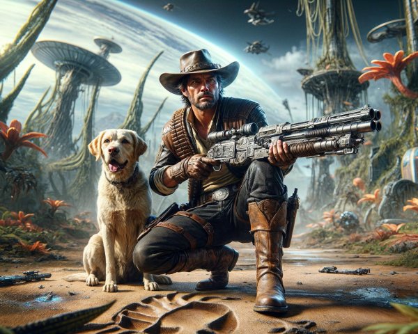 Rugged Explorer and Dog in Alien Landscape Scene