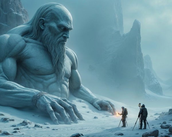 Explorers Encounter Ancient Ice Giant in Frozen Wasteland