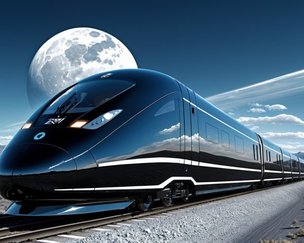 Futuristic black train in a desert landscape at night