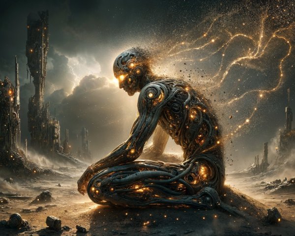 Futuristic Humanoid in a Desolate Metallic Landscape