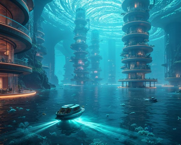 Futuristic Underwater City with Glowing Structures