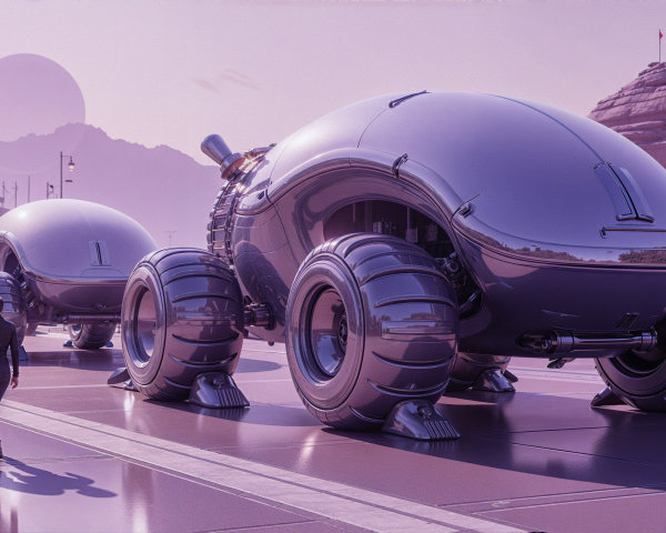 Futuristic landscape with metallic vehicles and sunset