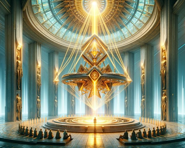 Luminous hall with chandelier and worshippers present