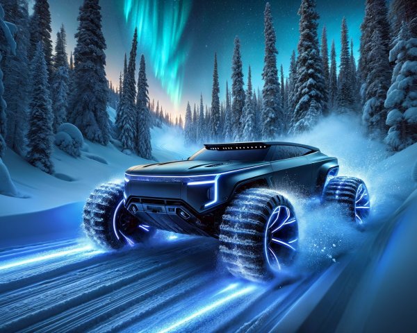 Futuristic Off-Road Vehicle in Snowy Forest Scene