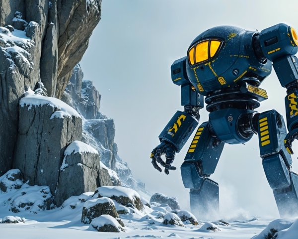 Futuristic Robot in Snowy Landscape with Cliffs