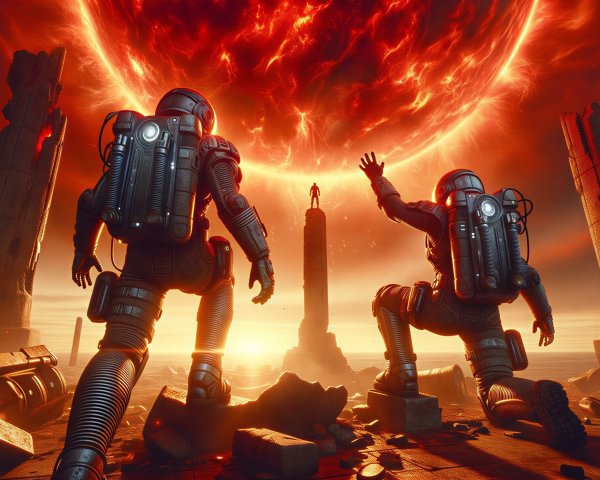 Astronauts Encounter Fiery Sun in Eerie Sci-Fi Landscape