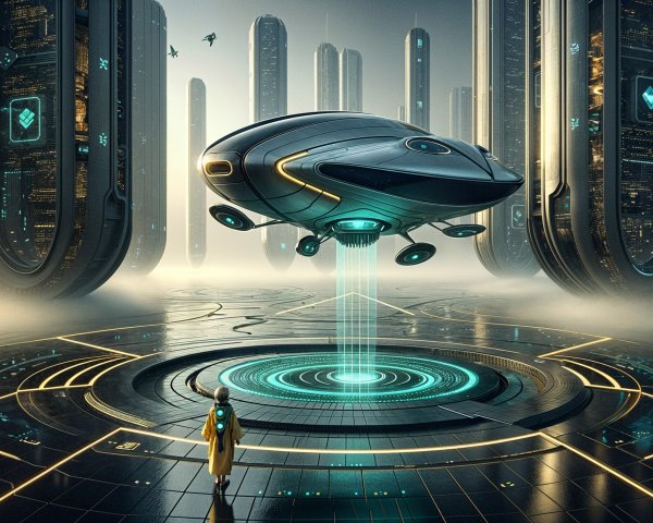 Futuristic Scene with Hovering Spacecraft and Mist