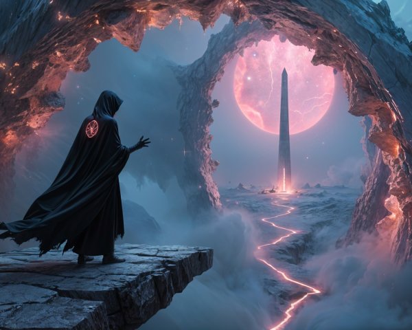 Cloaked Figure Observing Glowing Monolith in Misty Landscape
