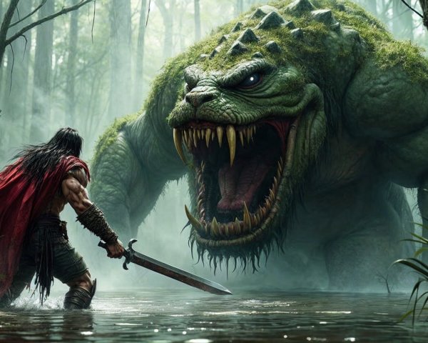 Warrior and Monster Confrontation in Misty Forest