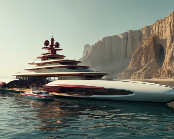 Modern Yacht Anchored in Tranquil Waters with Cliffs