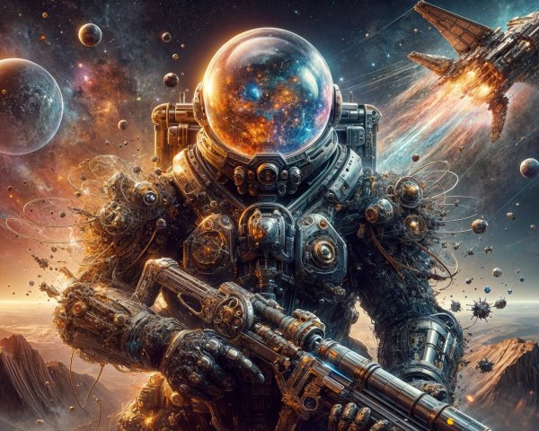 Astronaut in Cosmic Scene with Futuristic Weapon