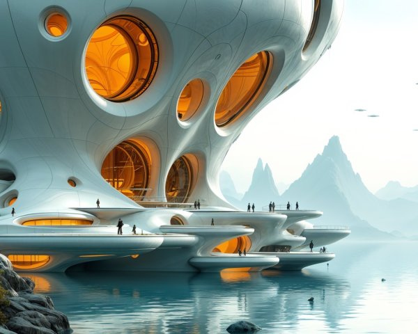 Futuristic architecture by a tranquil body of water