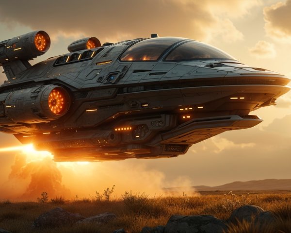 Futuristic spaceship hovering at sunset in rocky landscape